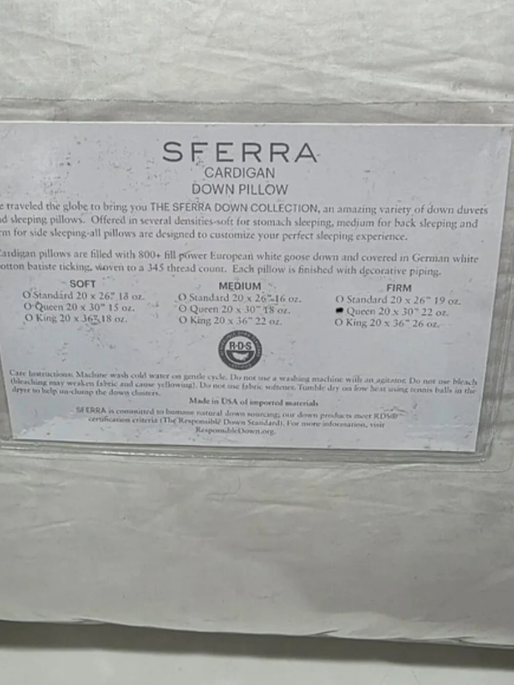 SFERRA Cardigan Down Pillow Queen Firm